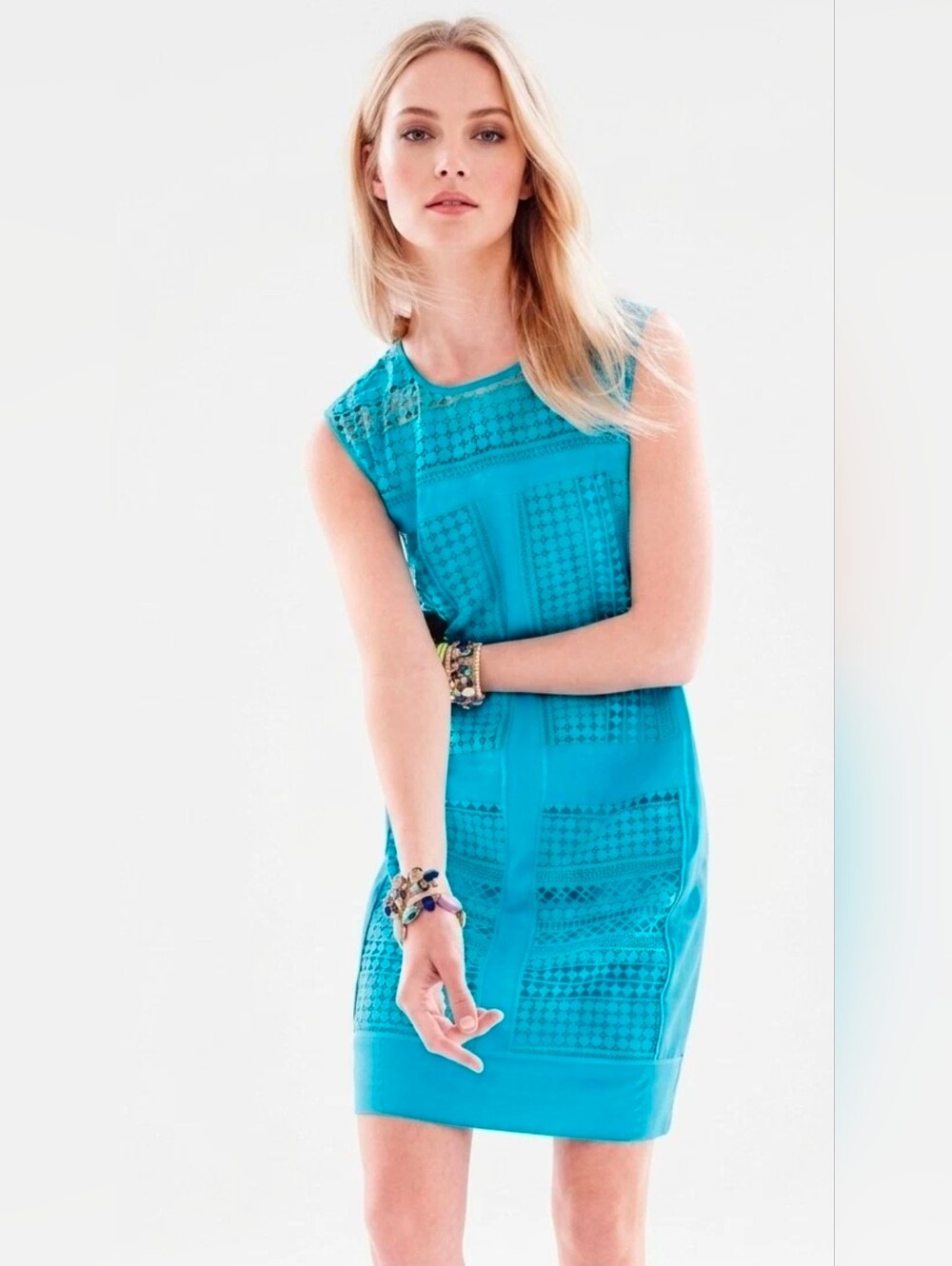 NWT J.Crew Petite Geo Lace Shift in Blue Sleeveless Cotton Dress PS